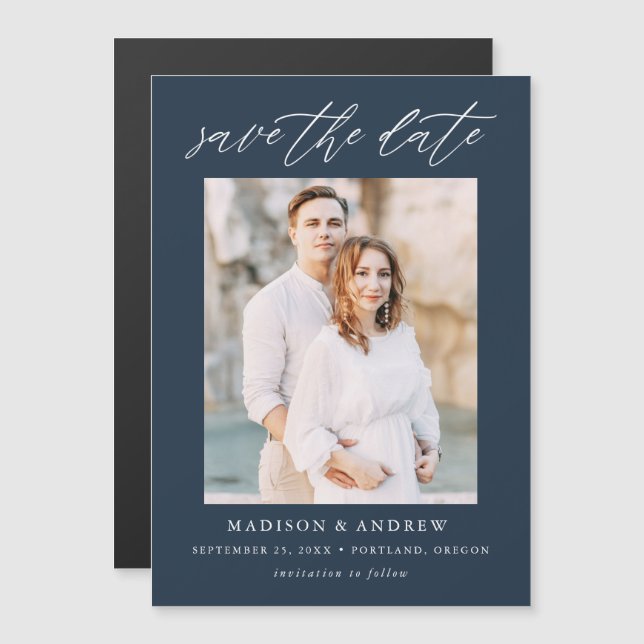 Navy Elegant Script Photo Save the Date Magnetic Invitation (Front/Back)