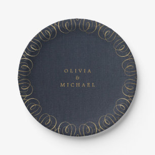 Navy elegant vintage flourish calligraphy wedding paper plate