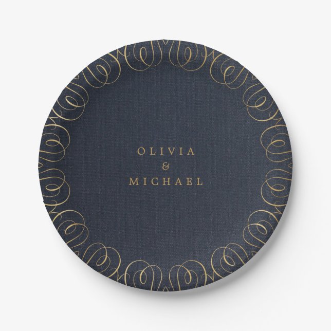 Navy elegant vintage flourish calligraphy wedding paper plate (Front)