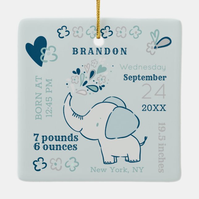 Navy Elephant Birth Stats Baby's First Christmas Ceramic Ornament (Back)