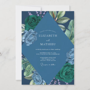 Navy Emerald Leaf Wedding Invitation