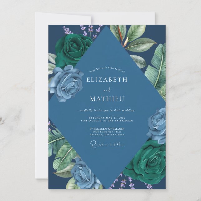Navy Emerald Leaf Wedding Invitation (Front)