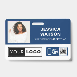 Navy Employee Name Badge with Logo and QR Code