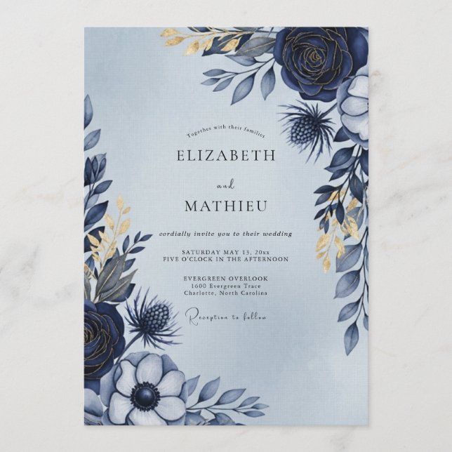 Navy Ethereal Floral Wedding Invitation (Front)