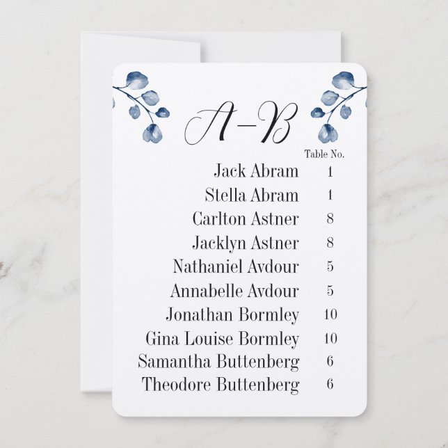 Navy Eucalyptus Alphabet 10 Guest Table Chart Card (Back)