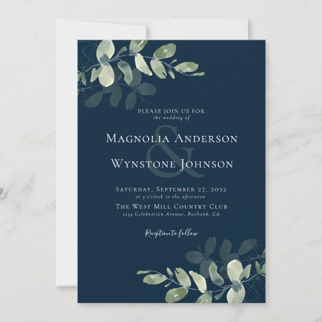 Navy Eucalyptus Ampersand Wedding Invitation (Front)