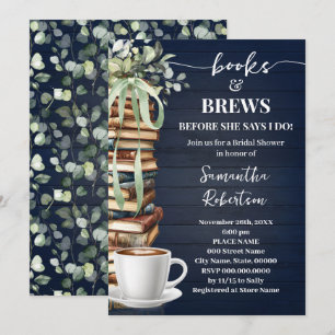 Navy Eucalyptus Books & Brews Coffee Bridal Shower Invitation