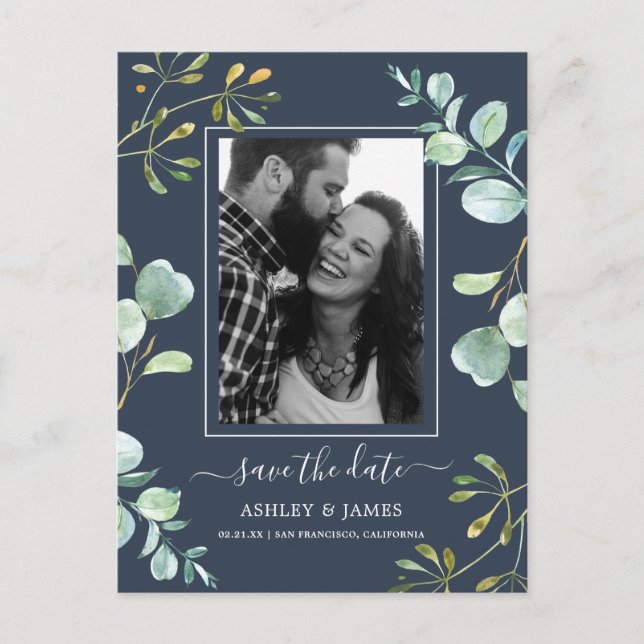 Navy Eucalyptus Foliage Botanical Save the Date Announcement Postcard (Front)