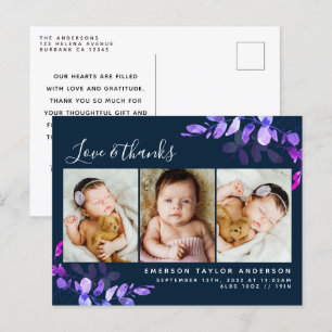 Navy Eucalyptus Photo Baby Thank You Announcement Postcard