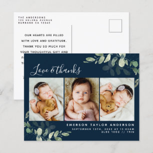 Navy Eucalyptus Photo Baby Thank You Announcement Postcard