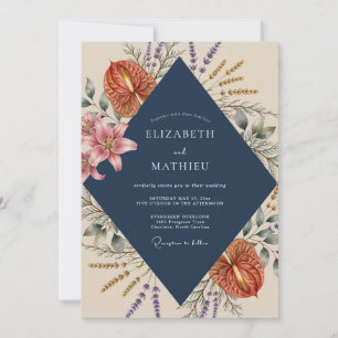 Navy Exotic Anthurium Eucalyptus Wedding Invitation