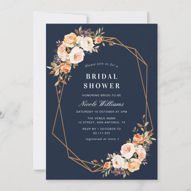 navy fall floral geometric bridal shower invitation (Front)