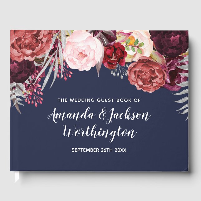 Navy Fall Marsala Blush Peony Wedding Guest Book (Front)