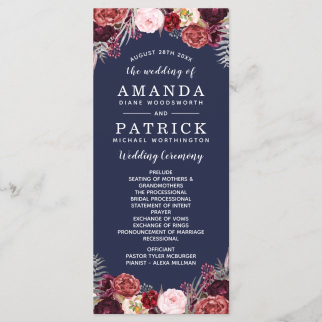 Navy Fall Marsala Blush Peony Wedding Programs (Front)