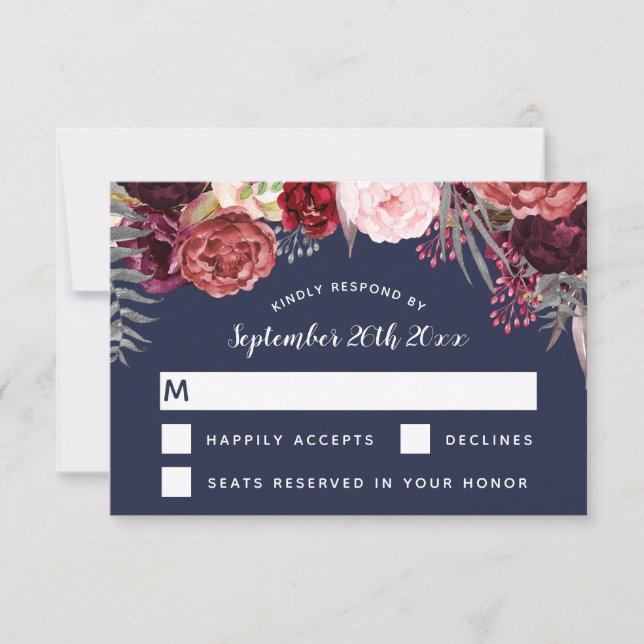 Navy Fall Marsala Blush Peony Wedding RSVP Cards (Front)