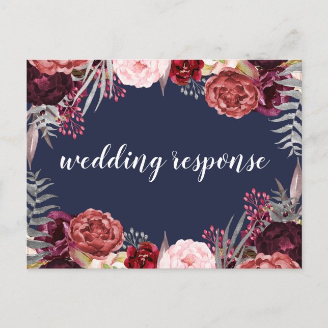 Navy Fall Marsala Peony Wedding RSVP Postcards (Front)