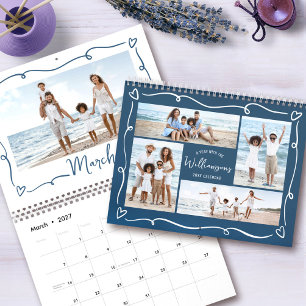 Navy Family Hand Drawn Doodle Hearts Photo Collage Calendar