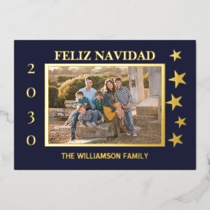 Navy Family Photo Feliz Navidad Gold Foil Foil Holiday Card