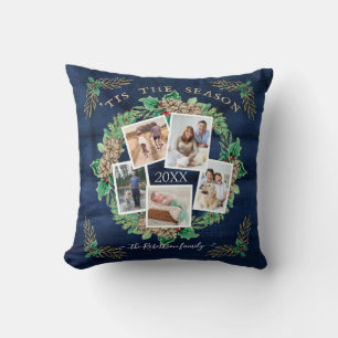 Navy Farmhouse Family Photo Watercolor Pine Wreath Throw Pillow