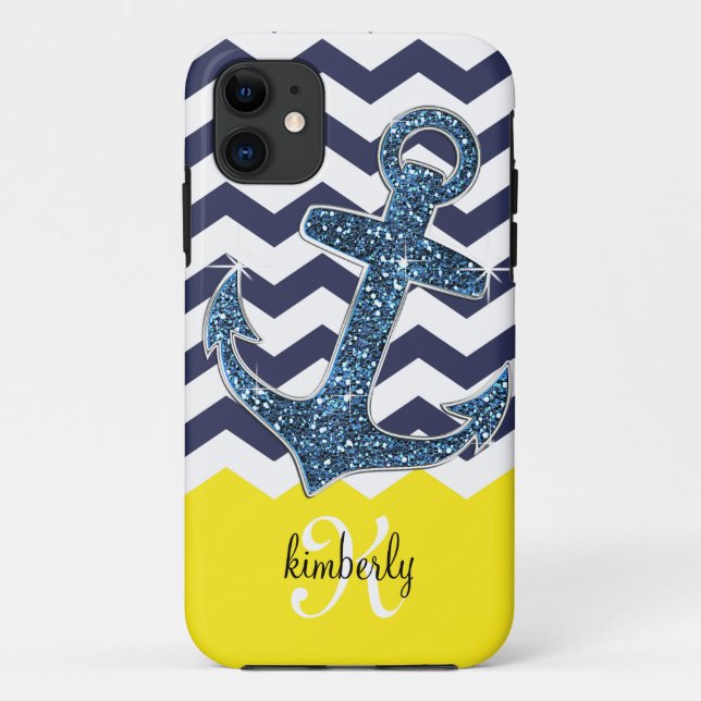 Navy Faux Glitter Anchor Chevron Personalized Case-Mate iPhone Case (Back)