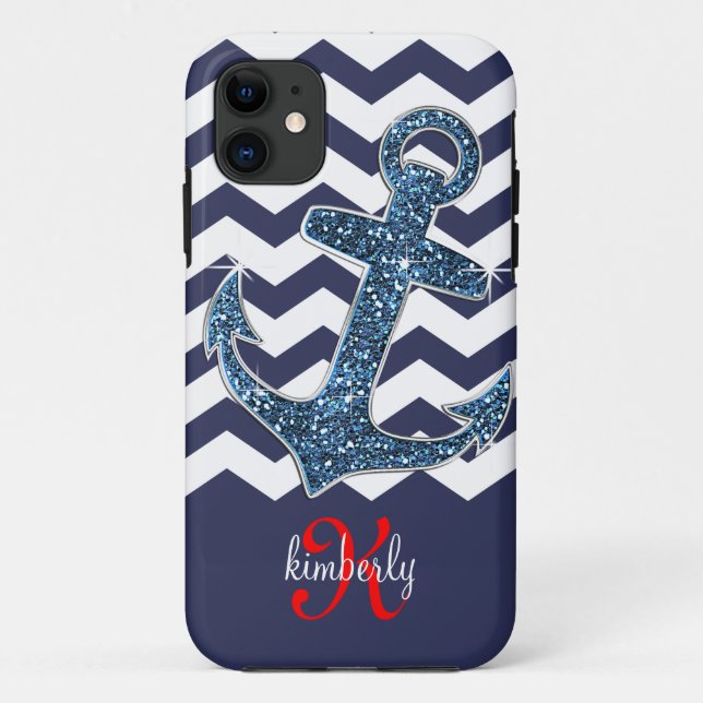 Navy Faux Glitter Anchor Chevron Personalized Case-Mate iPhone Case (Back)