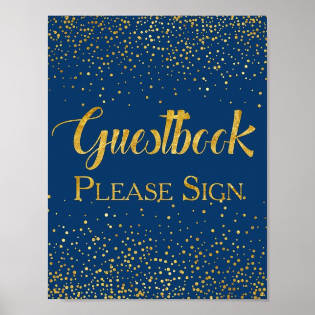 Navy Faux Gold Glitter Confetti Wedding Guestbook (Front)