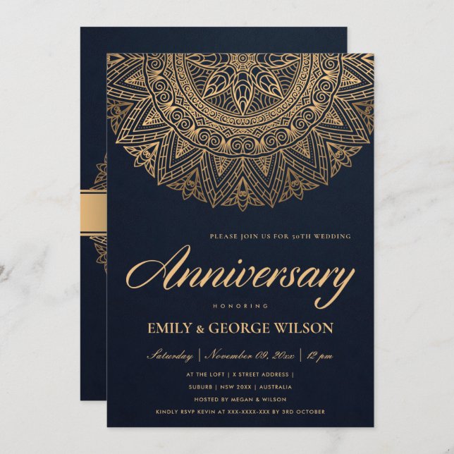 NAVY FAUX GOLD MANDALA ANY YEAR 50TH ANNIVERSARY INVITATION (Front/Back)