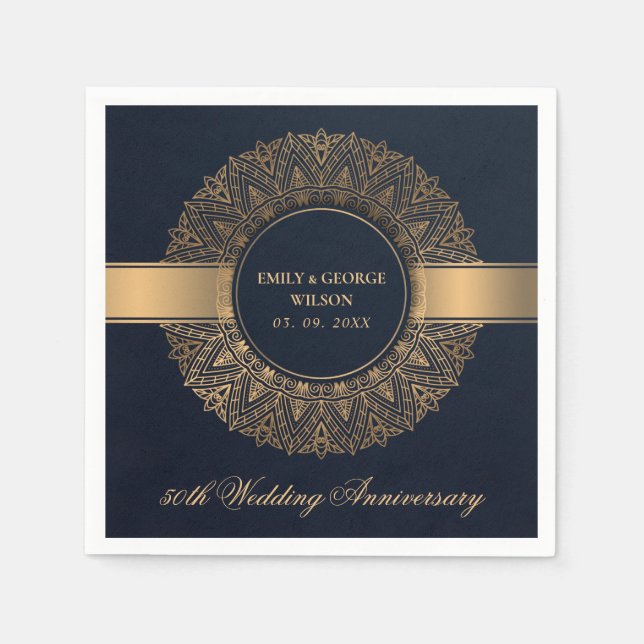NAVY FAUX GOLD MANDALA ANY YEAR 50TH ANNIVERSARY NAPKIN (Front)