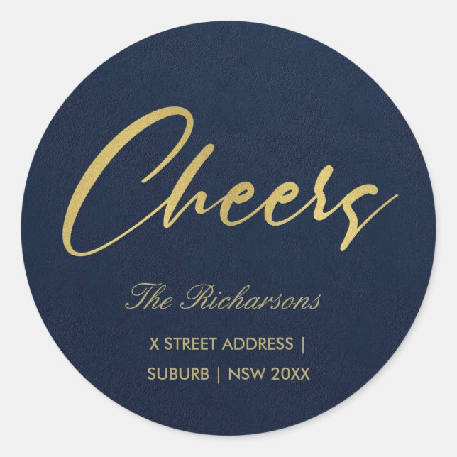 NAVY FAUX GOLD MINIMAL CALLIGRAPHY CHEERS ADDRESS CLASSIC ROUND STICKER (Front)