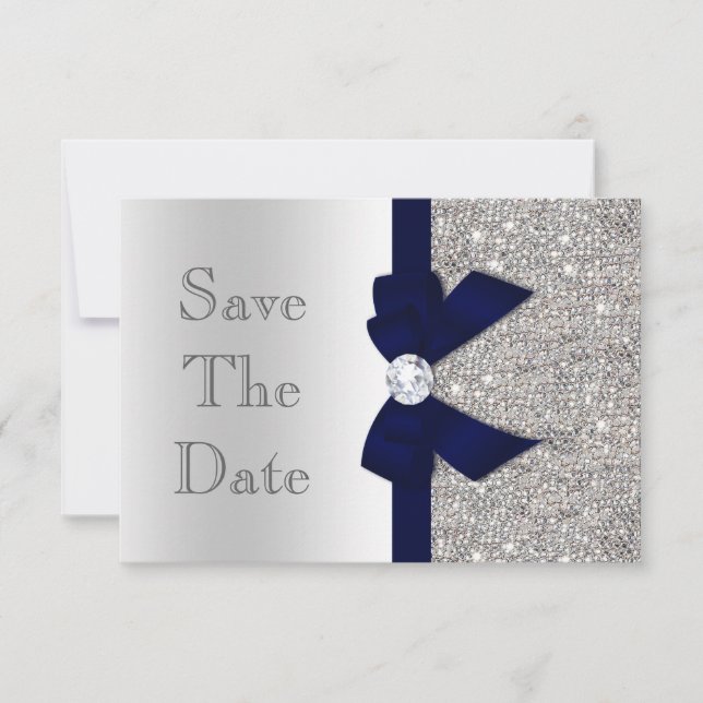 Navy Faux noeud et diamants argent faire-part de c (Devant)