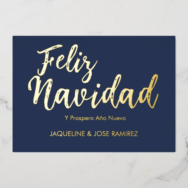 Navy Feliz Navidad Spanish Gold Foil Holiday Card (Front)