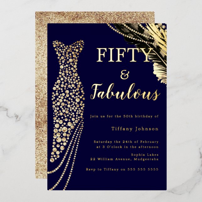 Navy Fifty & Fabulous Gold Dress 50th Birthday  (Front/Back)
