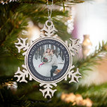 Navy | First Married Christmas Photo Snowflake Pewter Christmas Ornament<br><div class="desc">A perfect gift for newlyweds, this elegant snowflake shaped Christmas ornament features a favourite photo encircled by a navy blue border. "Our first Christmas as Mr. & Mrs." curves over the top of your photo in ivory lettering, with the year beneath. Customize with a wedding photo to create a unique...</div>