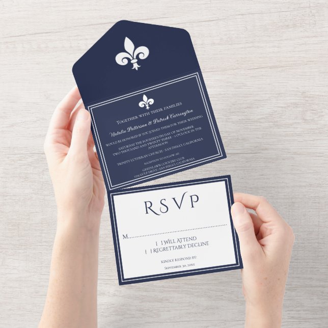 Navy Fleur de Lis All in One Wedding Invite (Tearaway)