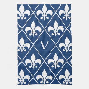 Navy Fleur de Lis with monogram initial Kitchen Towel