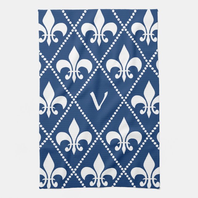 Navy Fleur de Lis with monogram initial Kitchen Towel (Vertical)