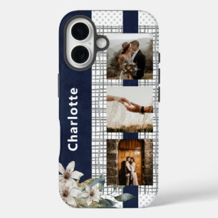 Navy Floral 3 Photo Anniversary Couple Name iPhone 16 Case