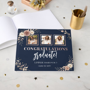 Navy Floral 3 Photo Collage Graduation Guest Book