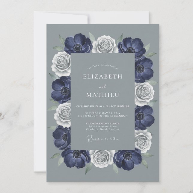 Navy Floral Arch Romance Wedding Invitation (Front)
