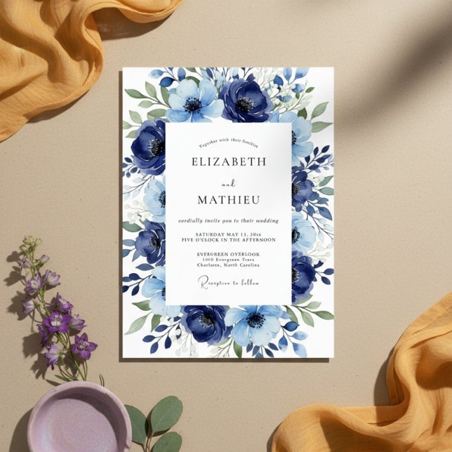 Navy Floral Artistic Bloom Wedding Invitation (Creator Uploaded)