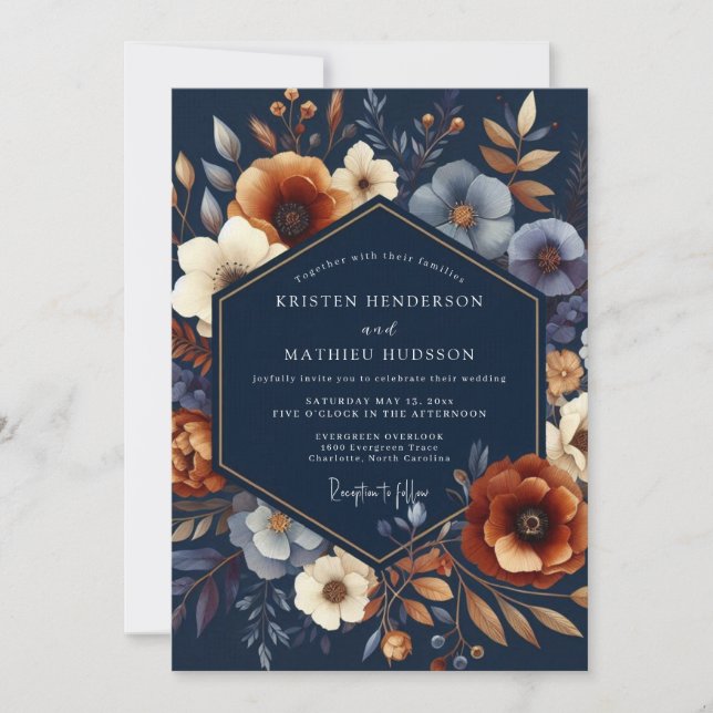 Navy Floral Autumn Wedding Invitation (Front)