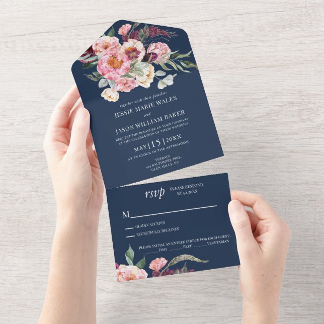 Navy Floral Blush Pink Wedding  All In One Invitation (Tearaway)
