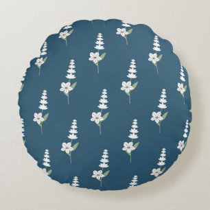 Navy Floral Bohemian Botanical Pattern Round Pillow