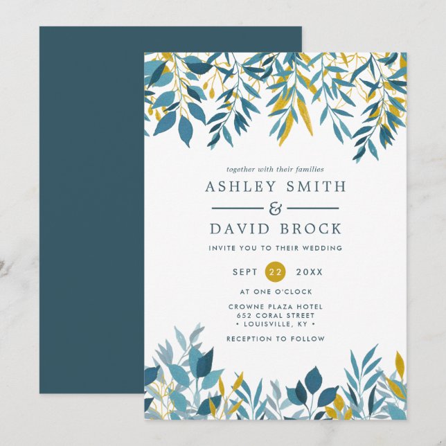 Navy Floral Botanical Watercolor Wedding Invitatio Invitation (Front/Back)