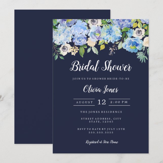 Navy Floral Bridal Shower Card (Front/Back)