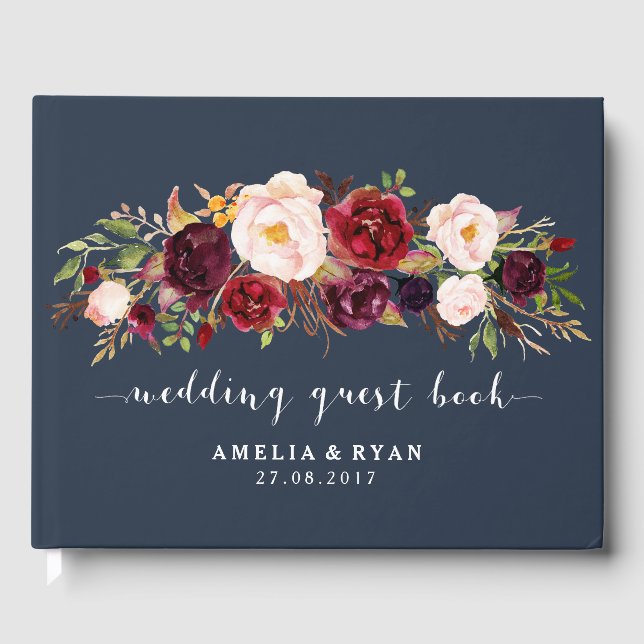 Navy Floral Burgundy Wedding Guest Book (Front)