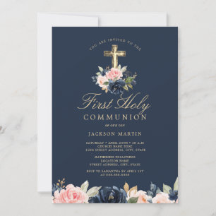 Navy Floral Cross Boys First Communion Invitation
