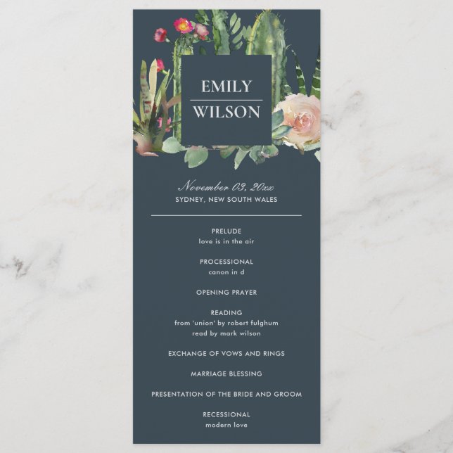 NAVY FLORAL DESERT CACTI  WEDDING CEREMONY PROGRAM (Front)