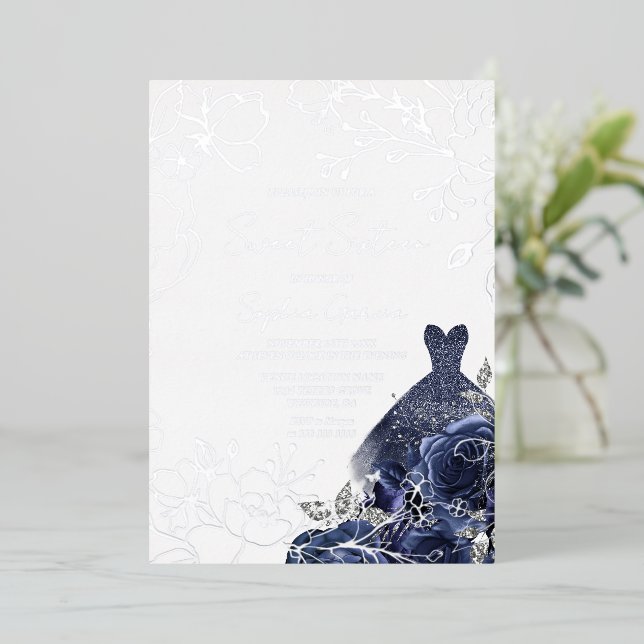 Navy Floral & Dress Sweet 16 Silver Leaf  (Standing Front)