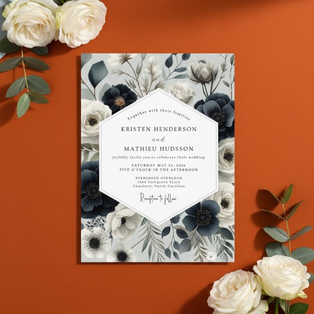 Navy Floral Elegance Wedding Invitation (Creator Uploaded)